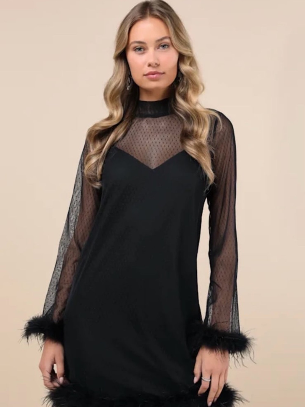 Lulu's Black Sheer Dot Yoke Feather-Trim Mini Dress